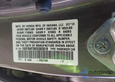 2013 Honda Civic Hybrid z USA, uszkodzony, nr VIN 19XFB4F28DE003519